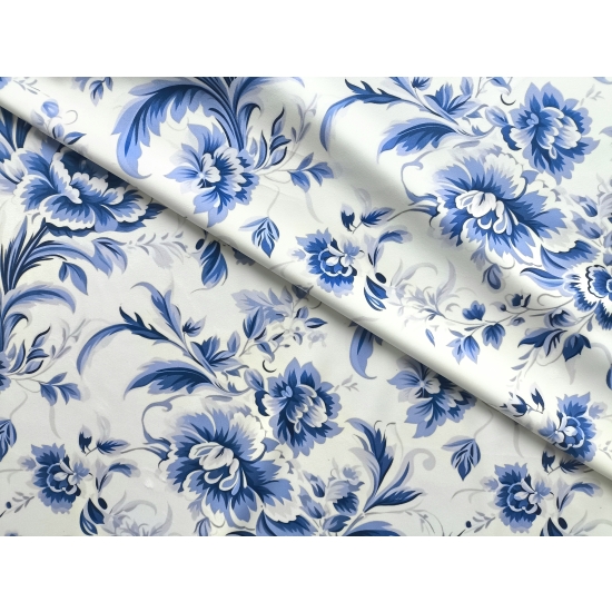 Tkanina tapicerska Welur drukowany Kwiaty niebieskie Royal Blue