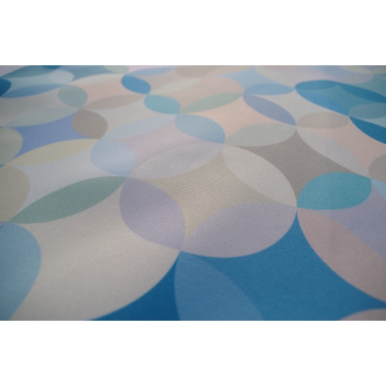 Tkanina tapicerska drukowana plecionka Koła retro turkus