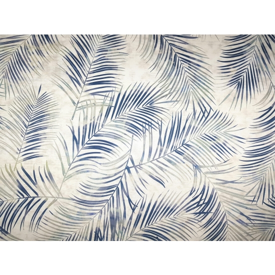 Tkanina tapicerska wzory Welur Liście tropikalne beż niebieskie