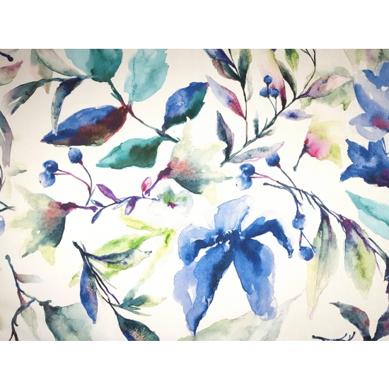 Tkanina tapicerska wzory Welur Kwiaty akwarela niebieskie XL