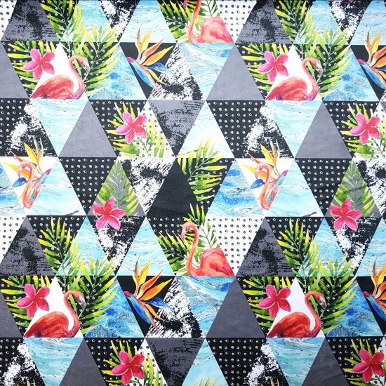 Tkanina tapicerska wzory Welur Trójkąty z flamingami