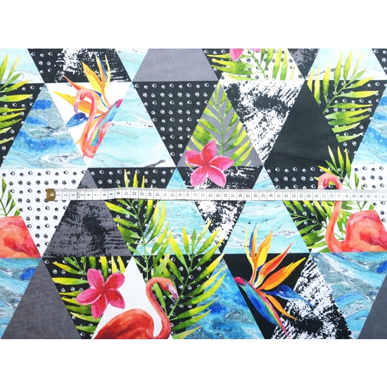 Tkanina tapicerska wzory Welur Trójkąty z flamingami