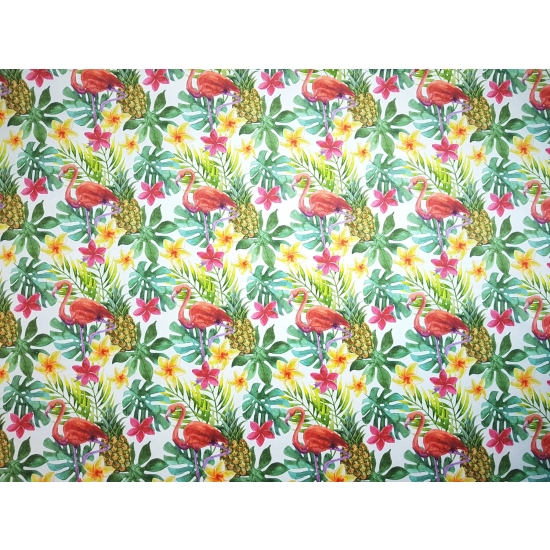 Tkanina tapicerska wzory Welur Różowe flamingi z monsterą