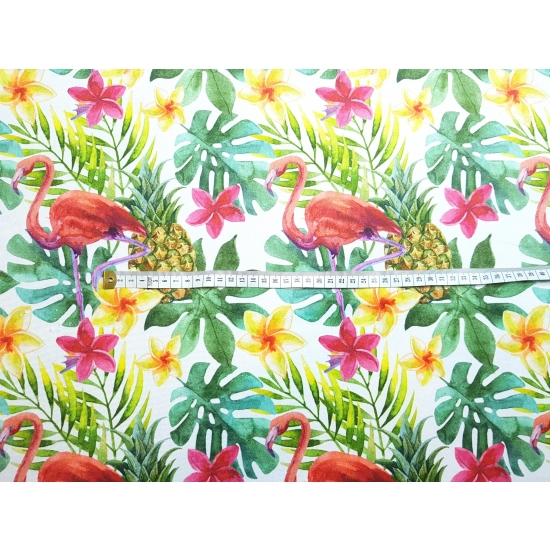 Tkanina tapicerska wzory Welur Różowe flamingi z monsterą