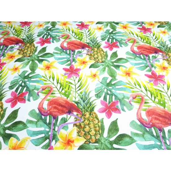 Tkanina tapicerska wzory Welur Różowe flamingi z monsterą