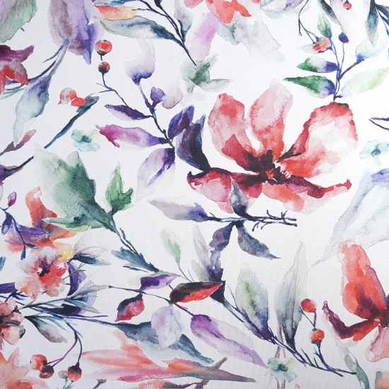 Tkanina tapicerska drukowana plecionka Kwiaty akwarela czerwone