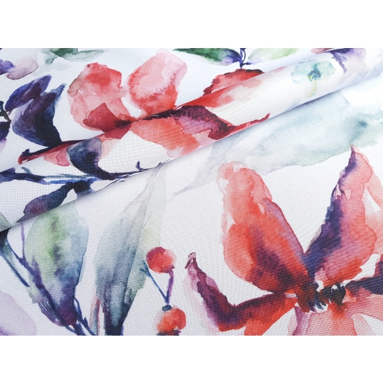 Tkanina tapicerska drukowana plecionka Kwiaty akwarela czerwone