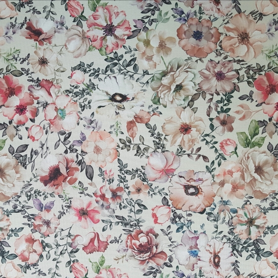 Tkanina tapicerska drukowana plecionka Kwiaty różowe na beżowym tle