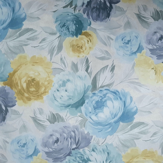 Tkanina tapicerska wzory Welur Kwiaty piwonie błękitne i żółte