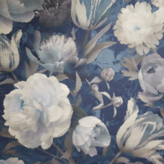 Tkanina tapicerska wzory Welur Kwiaty malowane granatowe