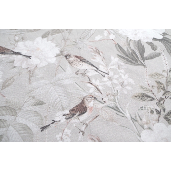 Tkanina tapicerska wzory Welur Ptaszki i białe kwiaty