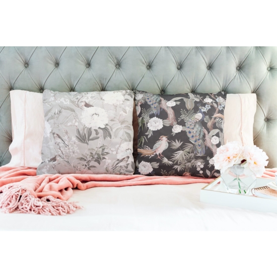 Tkanina tapicerska wzory Welur Ptaszki i białe kwiaty