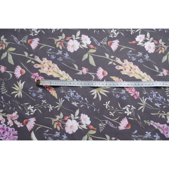Tkanina tapicerska wzory Welur Kwiaty łąkowe na czarnym tle
