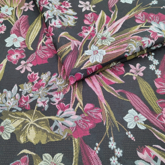 Tkanina tapicerska wzorzysta żakard Kwiaty na czarnym tle