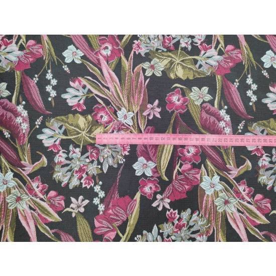 Tkanina tapicerska wzorzysta żakard Kwiaty na czarnym tle