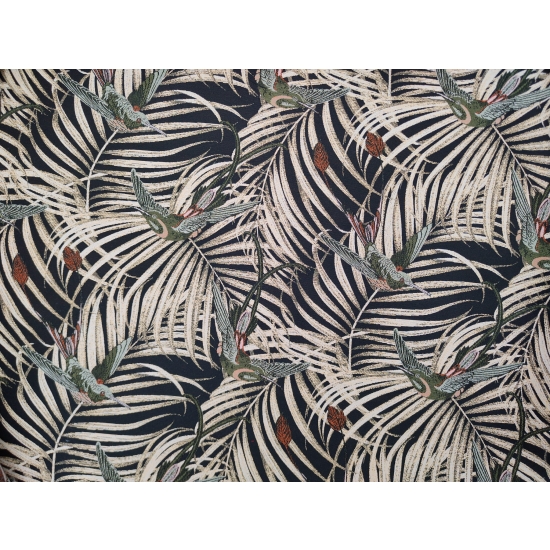 Tkanina tapicerska wzorzysta żakard Kolibry zielone i złote liście