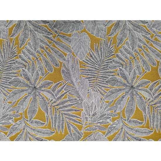 Tkanina tapicerska wzorzysta żakard Liście szare na żółtym tle