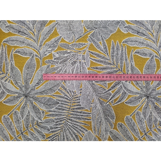 Tkanina tapicerska wzorzysta żakard Liście szare na żółtym tle